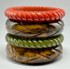 BB373 Miss. mud, coral & olive carved bakelite bangles